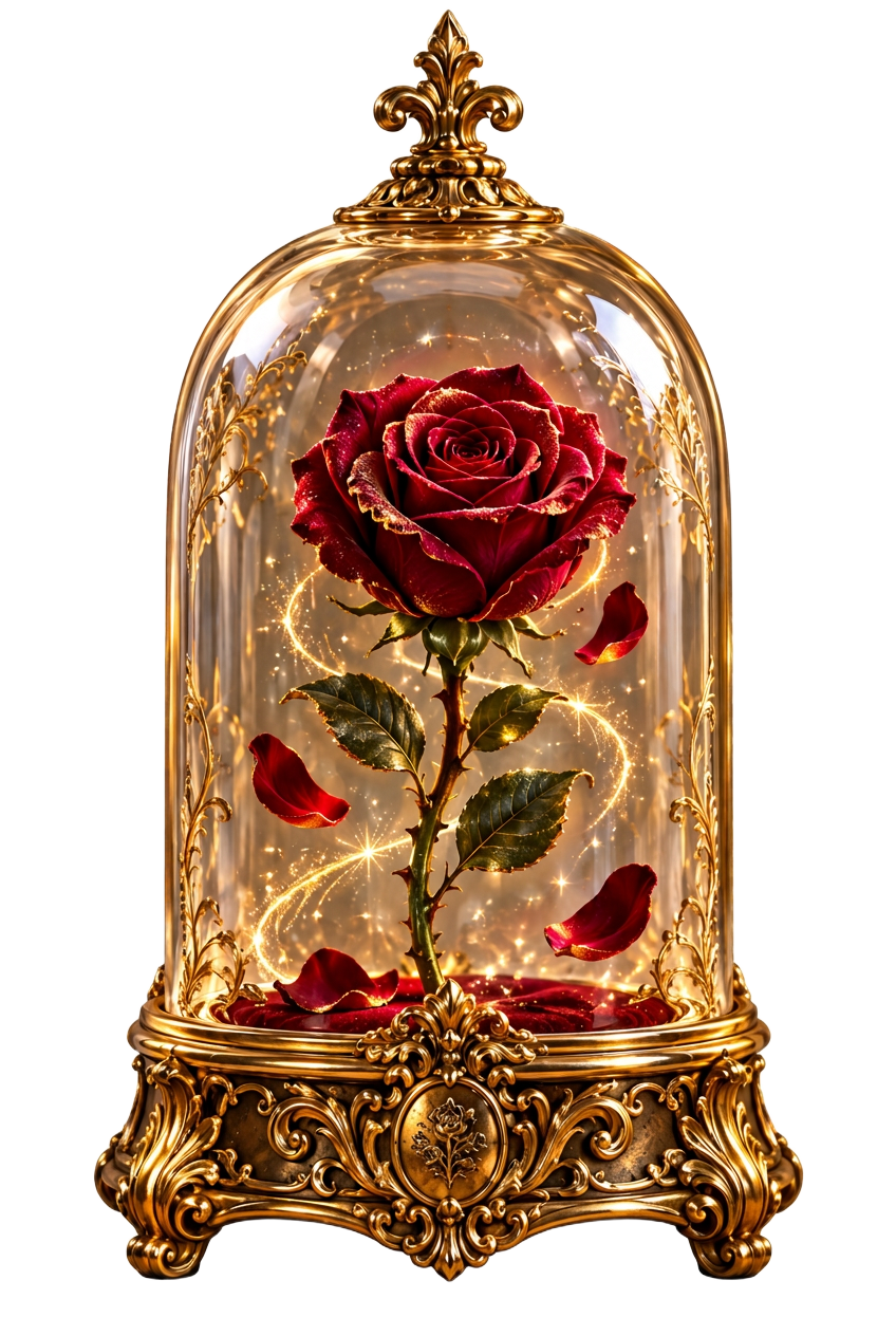 Rosa encantada bajo una cúpula dorada